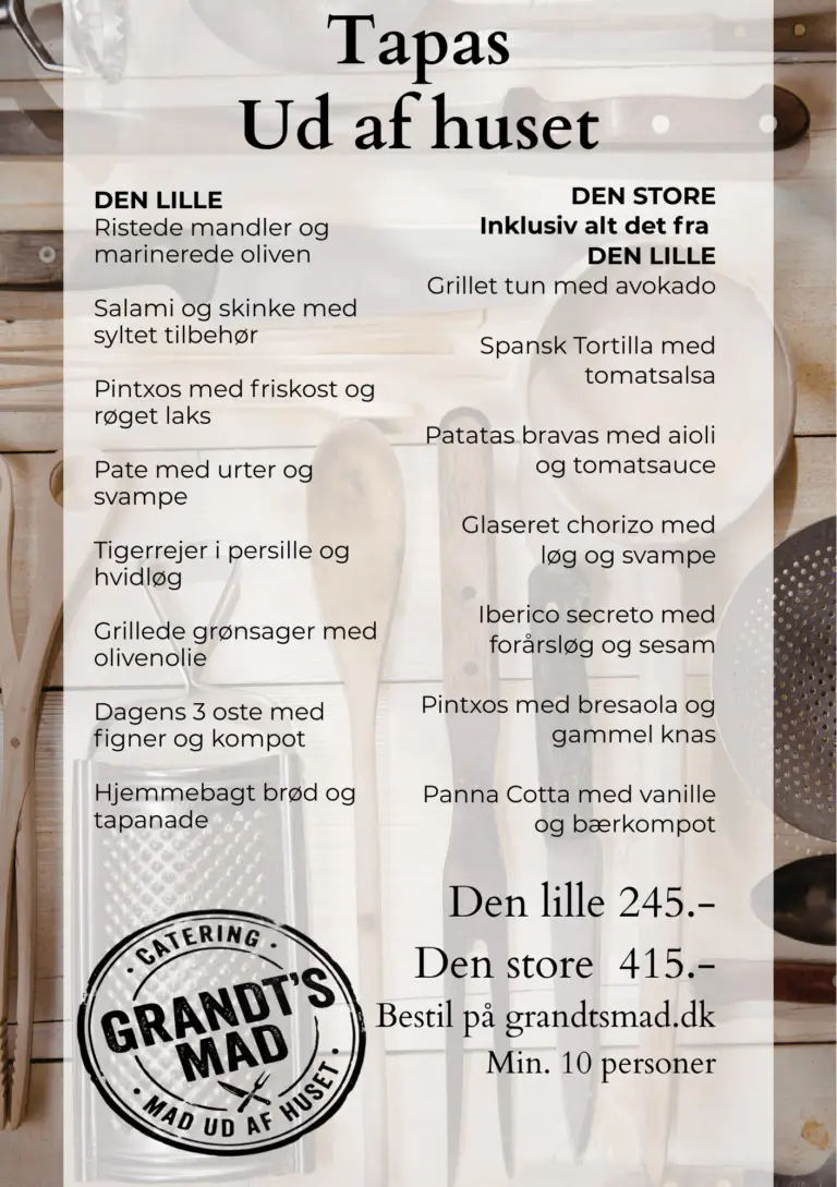 Lækker tapas ud af huset fra Grandts mad leveret i Give, Jelling og Vejle